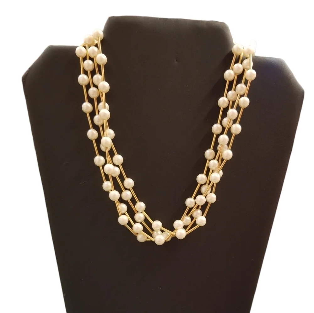 Vintage AVON Gold Tone Faux Pearl Multi-Strand Bar Link Necklace Signed